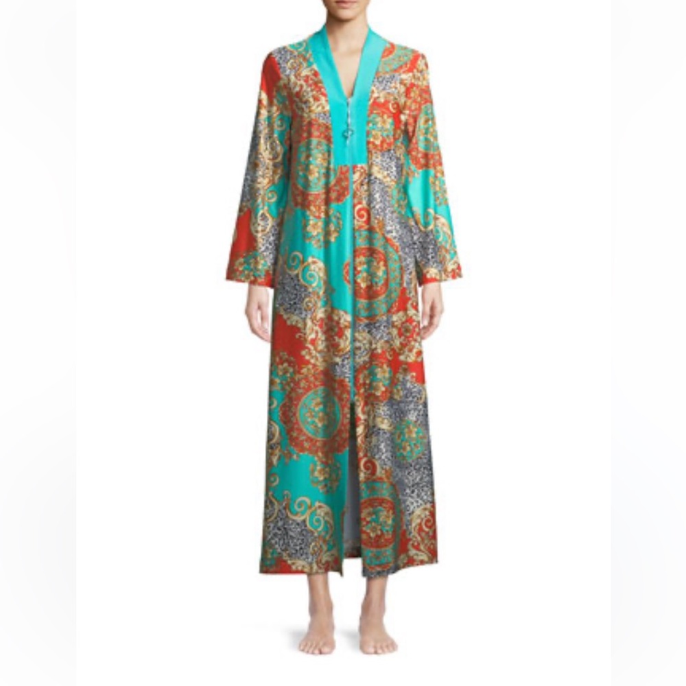 Diamond Tea Gown Aqua Printed Caftan with a bead-embellished zipper pull *NWT*